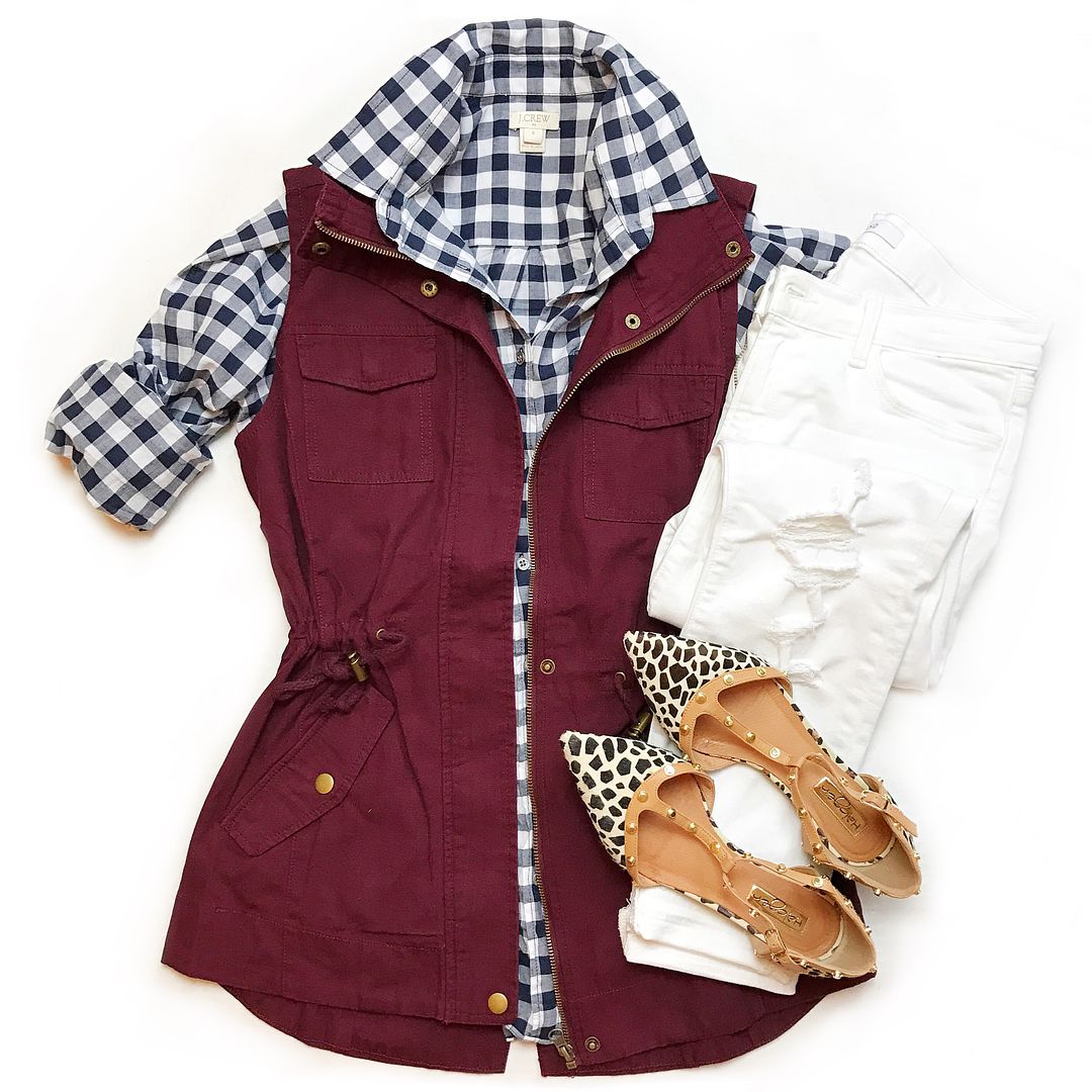 American Rag Utility vest in Zindindel, Wine colored utility vest, gingham and leopard, flat lay