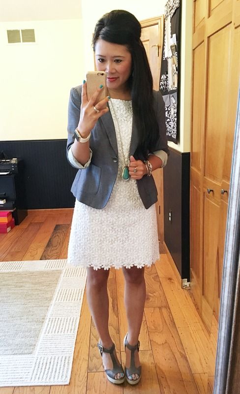 banana republic chambray blazer, lilly pulitzer floral lace dress, steven by steve madden espadrilles