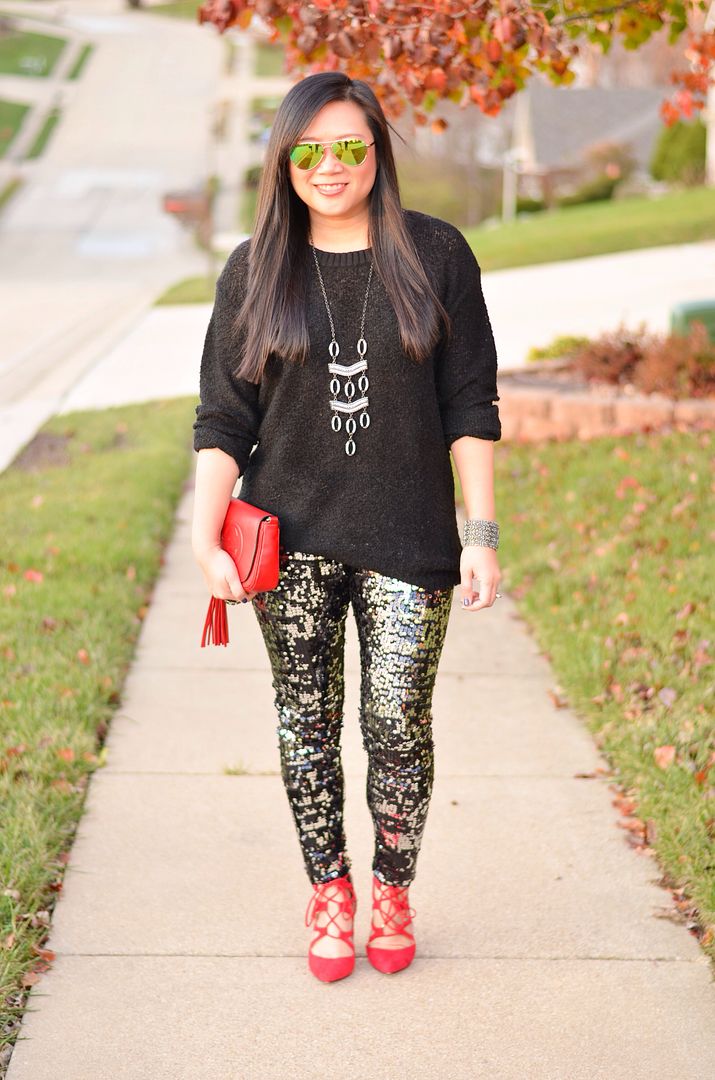 Holiday style, oversized sweater, sequin leggings