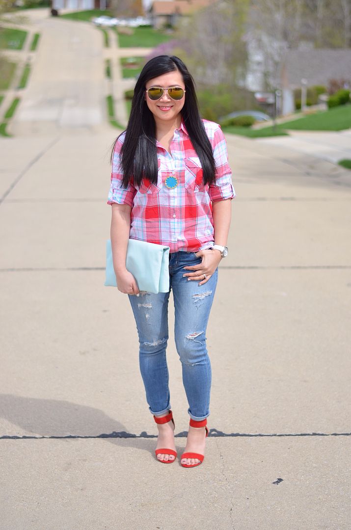 summer plaid and destroyed jeans