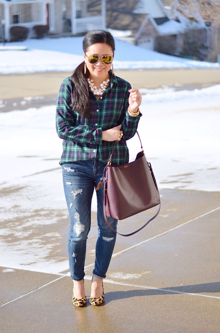 holiday style, destroyed denim, plaid and pearls