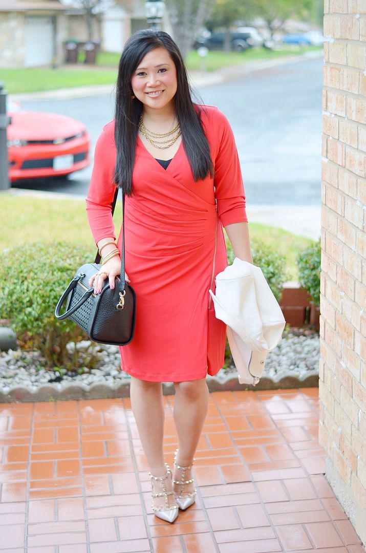 how to wear red, red dress, neutral pumps, neutral moto jacket