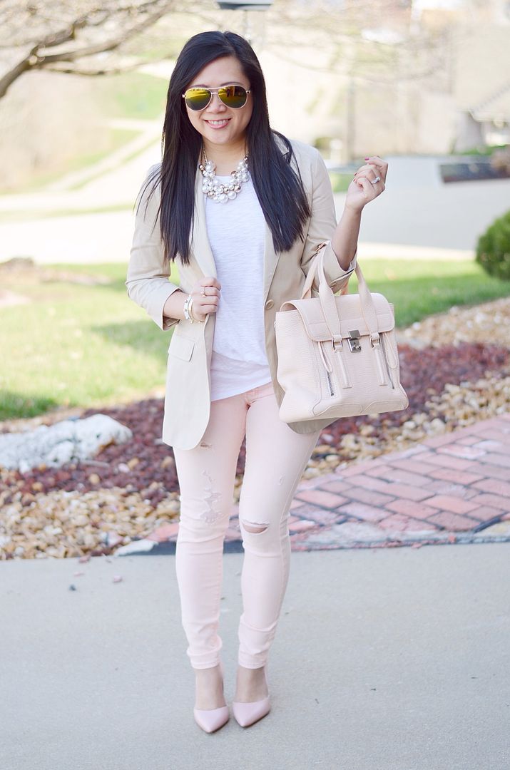 destroyed blush jeans with neutrals