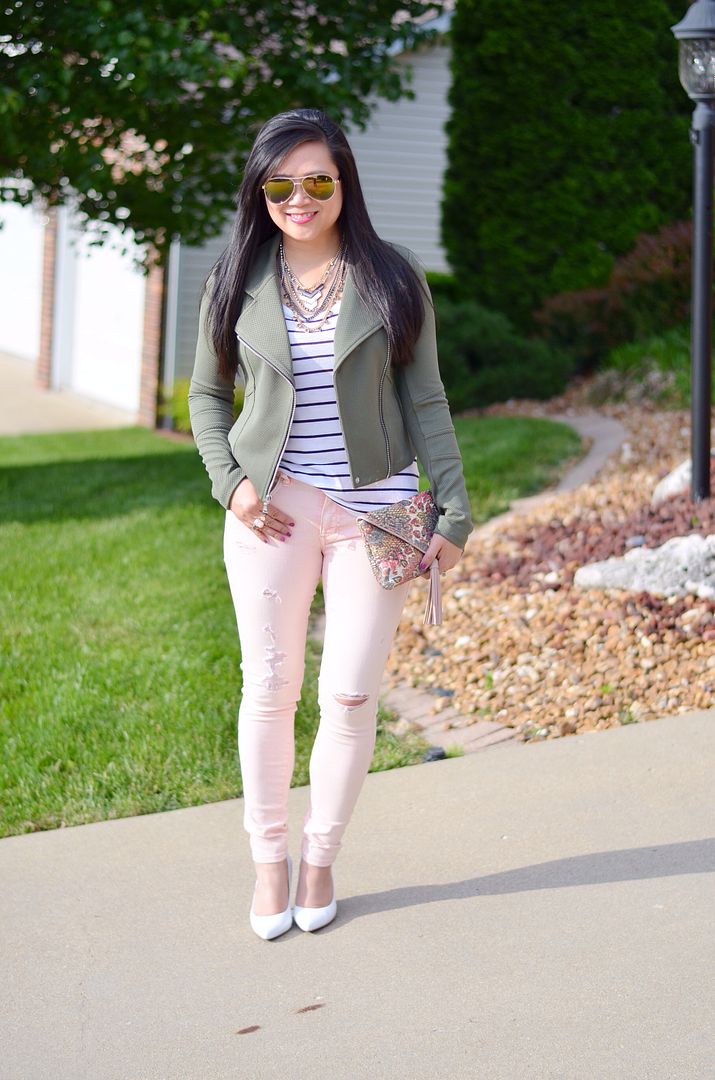 destroyed blush jeans with stripes and olive