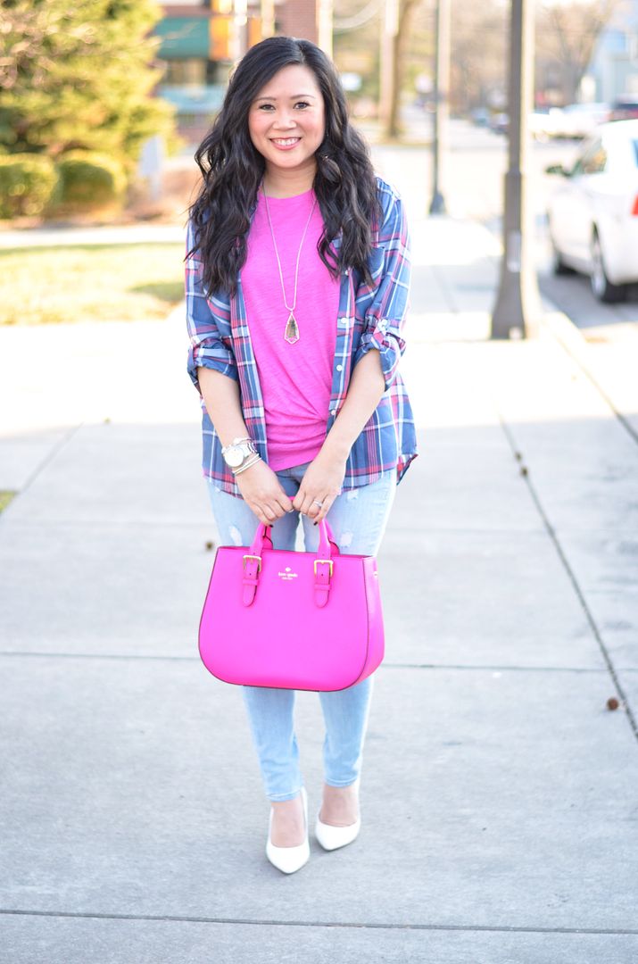 Express oversized plaid shirt and white pumps