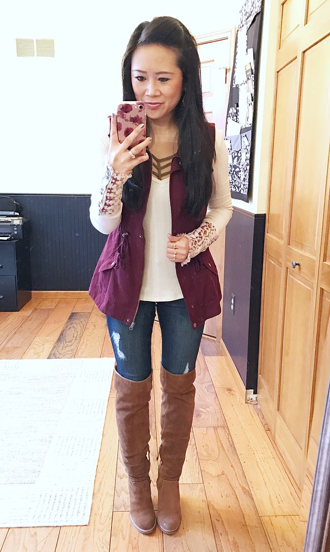 Wine colored vest, strappy cami, free people top, dolce vita over the knee boots