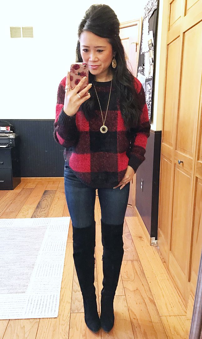Buffalo plaid sweater and over the knee boots