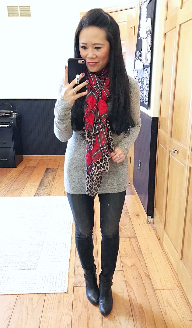 Grey plush sweater, plaid scarf, outfit