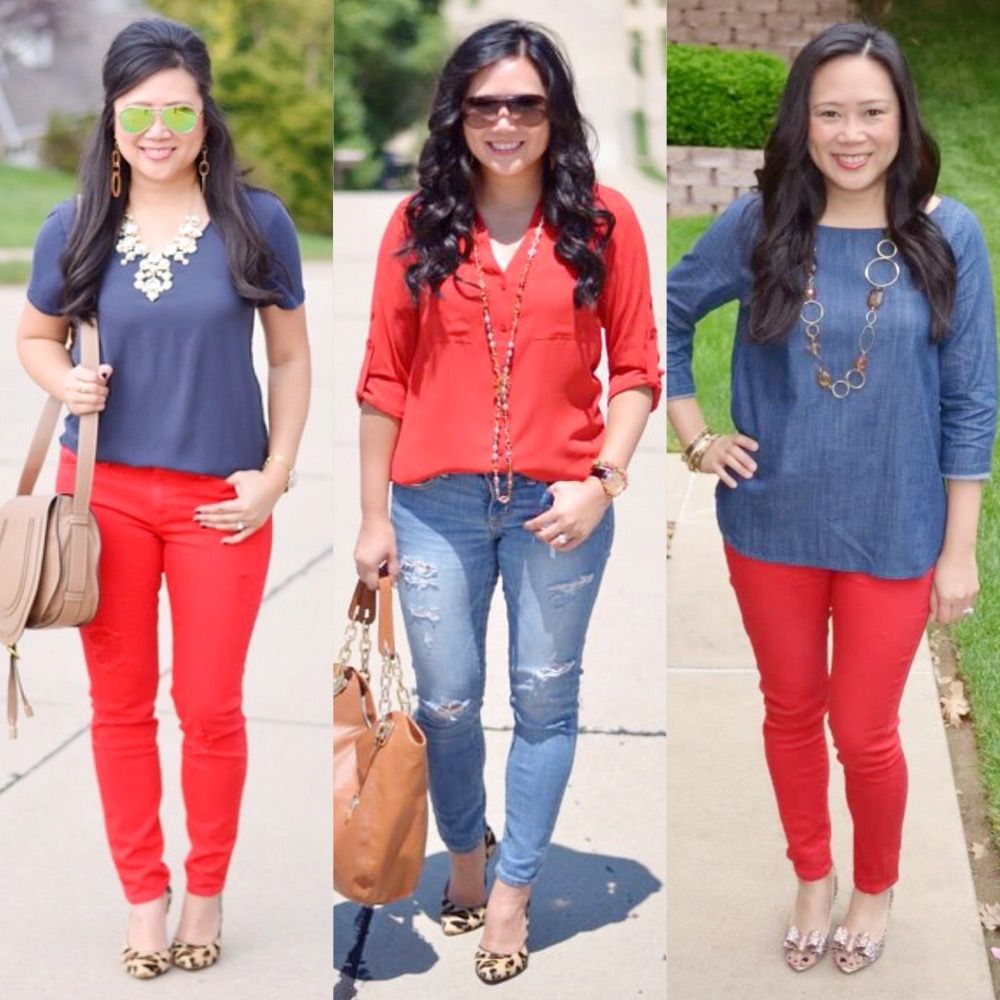 how to wear red, red bottoms plus navy or chambray top, red portofino and jeans