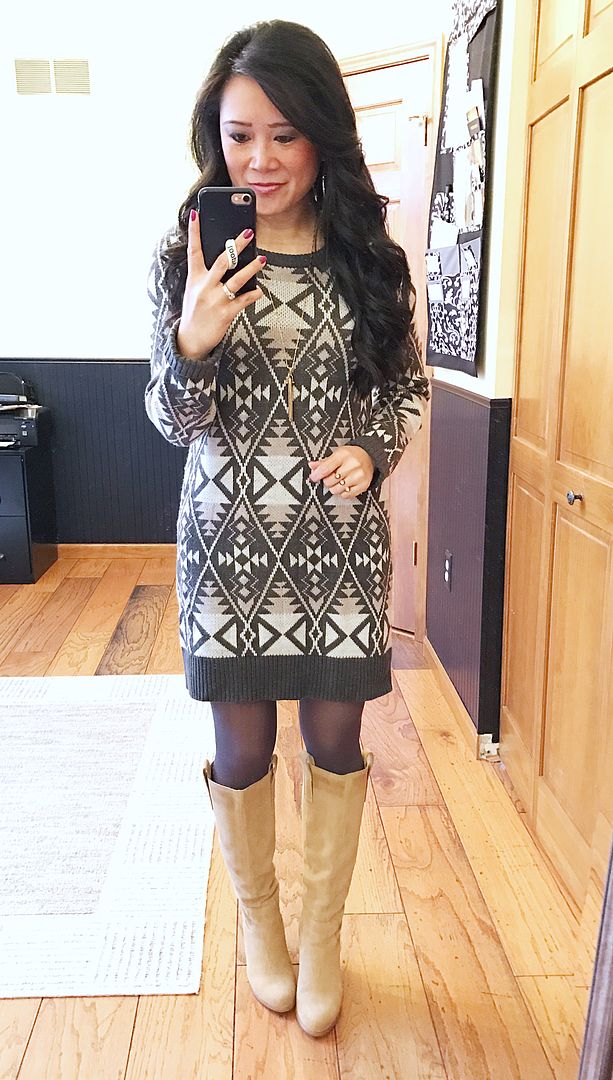 sweater dress and neutral suede knee high boot