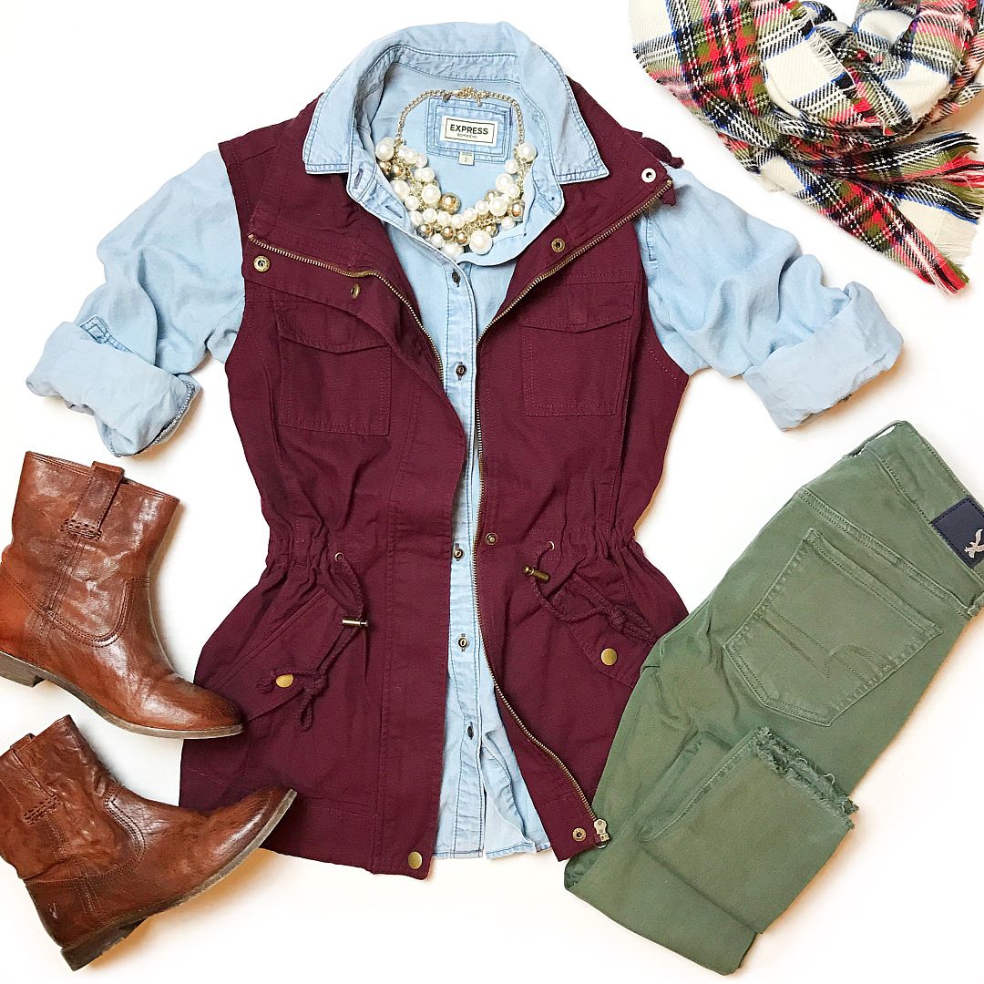 wine colored military vest outfit, olive skinnies outfit