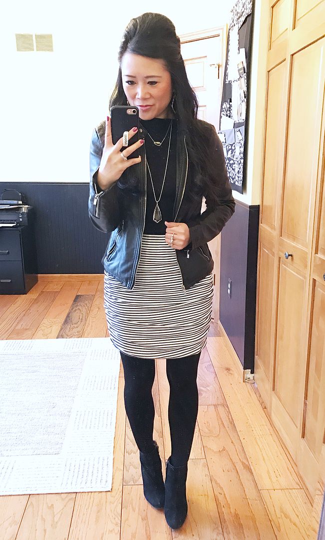 moto jacket and striped ruched skirt
