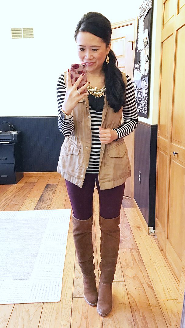 stripe top, military vest, burgundy skinnies, over the knee boots
