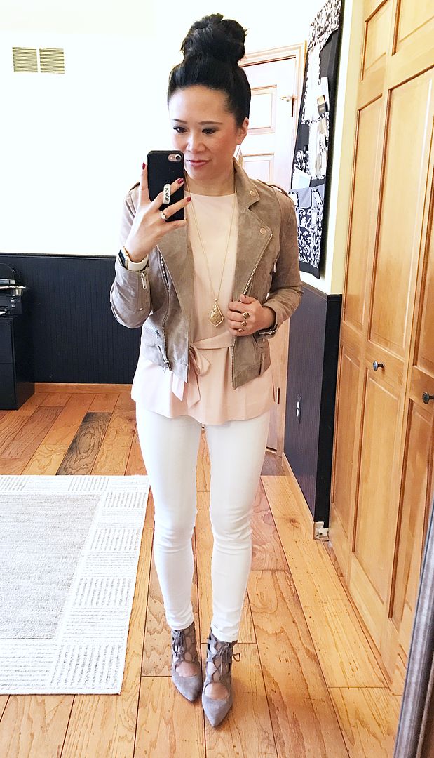 Suede moto jacket, blush top, white skinnies, nude lace up heels outfit