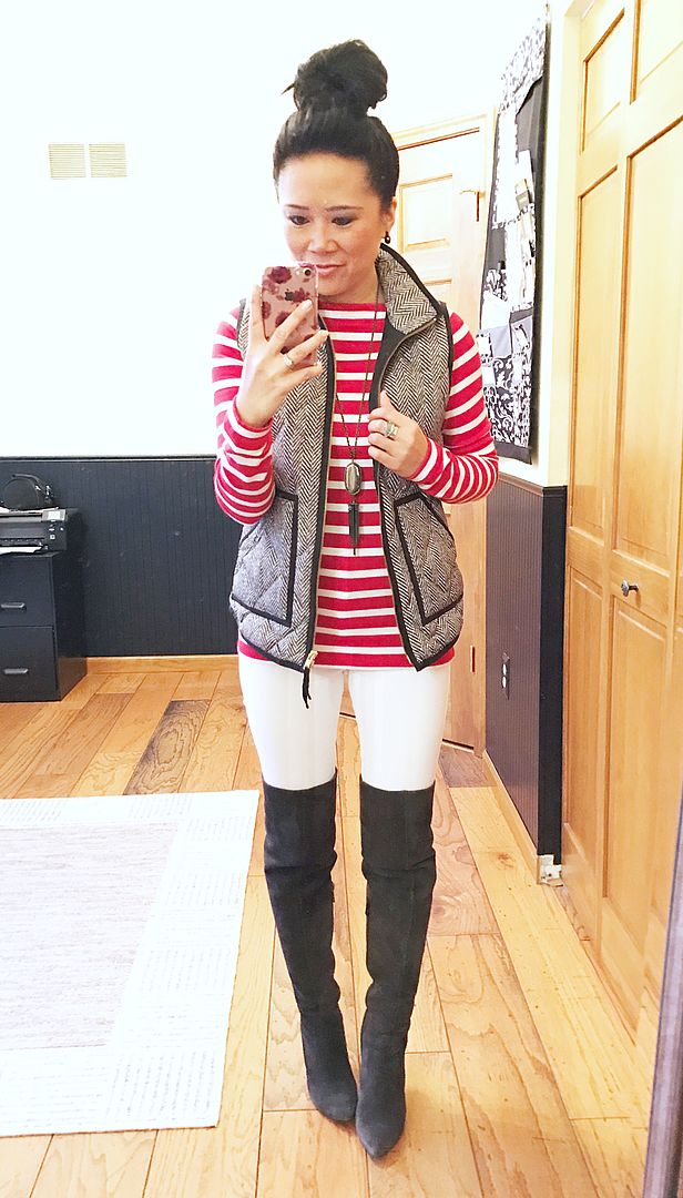 J.Crew Factory herringbone vest, red stripe top, white jeans, over the knee boots