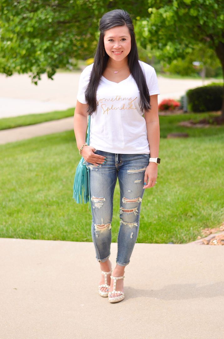 tee shirt, destroyed jeans, and wedges