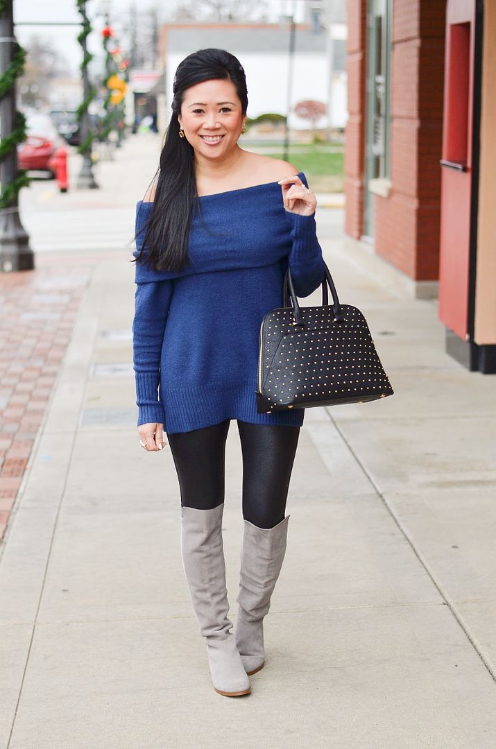 Express plush off the shoulder sweater, Spanx faux leather leggings, Sole Society "Calypso" boot, Charming Charlie "Fearless" studded satchel