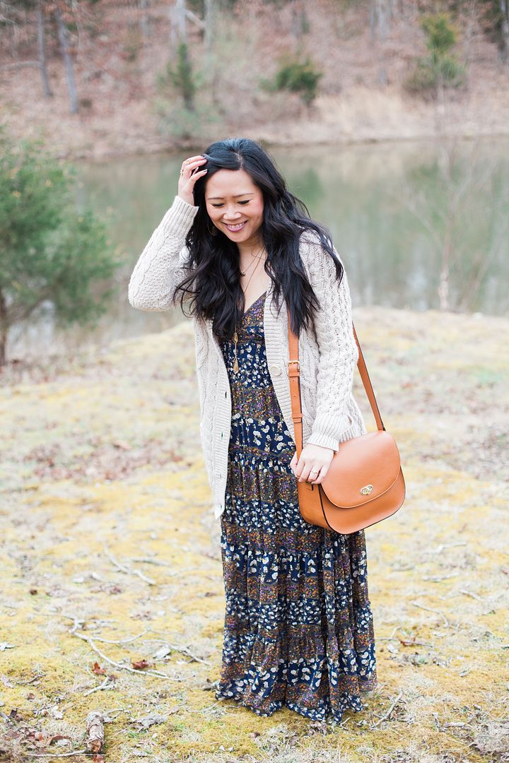 forever 21 floral maxi dress, chunky knit cardigan, naya fisher boot, lo & sons claremont crossbody