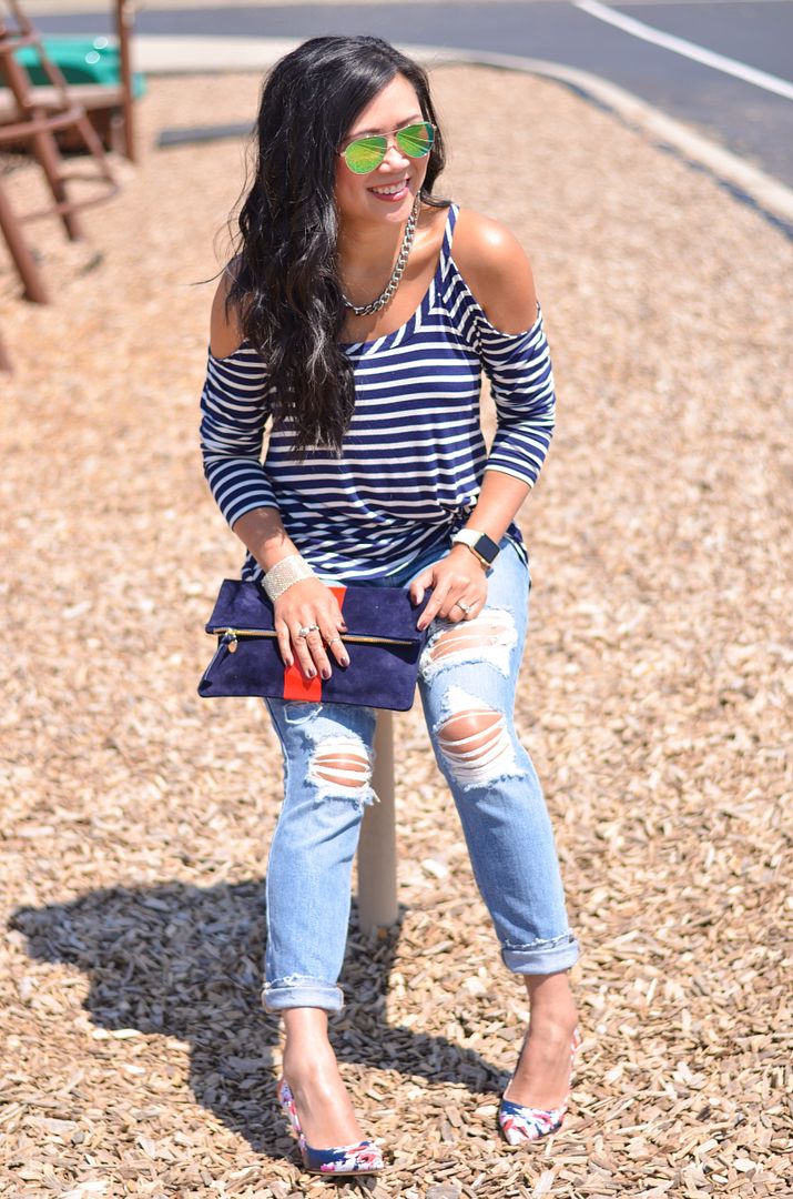 cold shoulder top with destroyed jeans and floral heels
