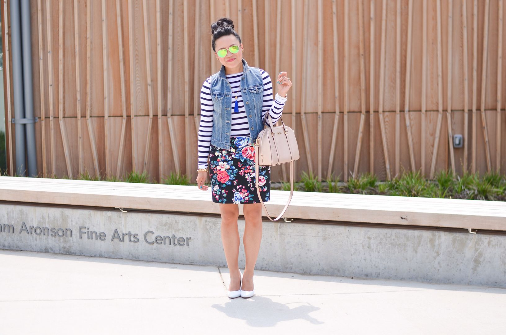 floral, stripes, denim vest, white pumps, 90's inspired outfit