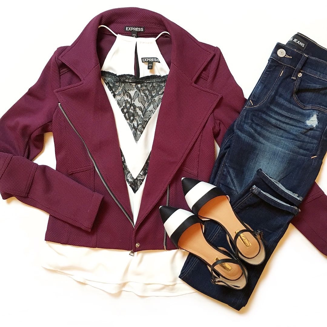 Wine colored jacket, black and white cami, dark washed jeans, black and white striped flats