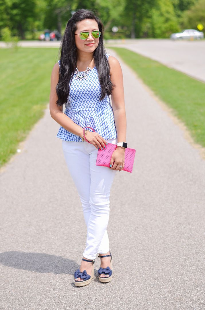 blue and white peplum top, white skinnies, chambray espadrilles