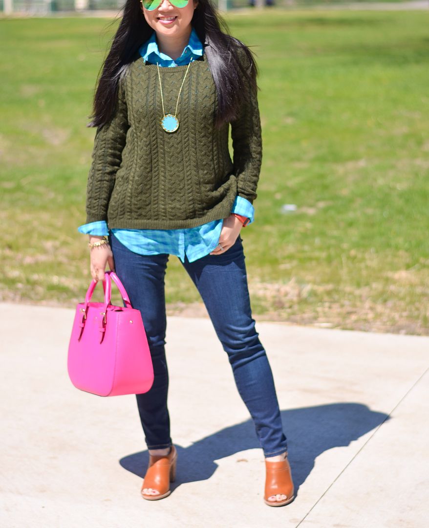 american eagle olive pullover sweater, house of harlow sunburst necklace, gap high stretch jeans, madewell marie sandals