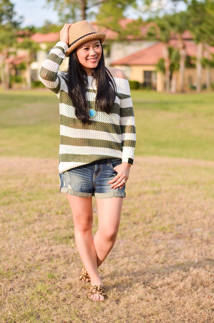 off the shoulder sweater and denim shorts