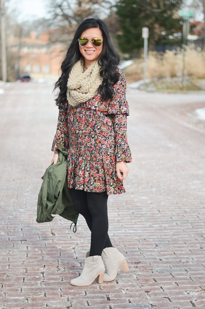 Zara floral dress, Old Navy Chunky Scarf, Olive Anorak jacket, Joie booties