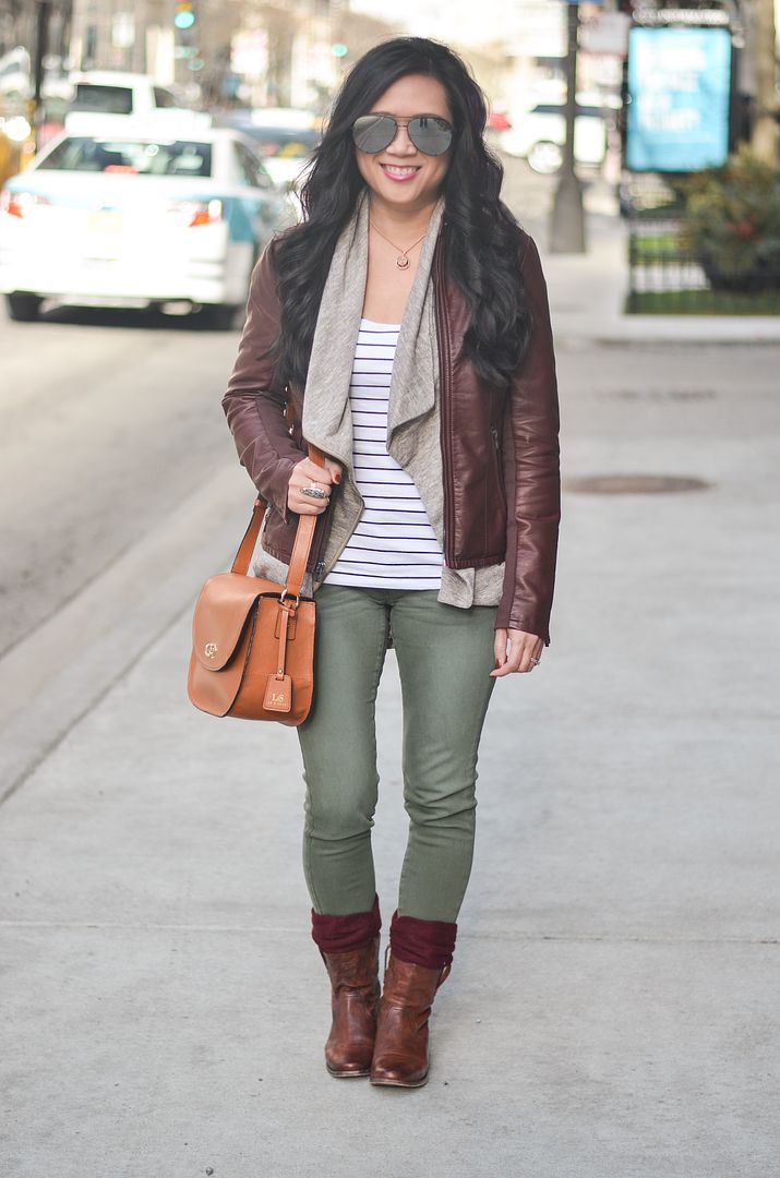 Express minus the leather jacket, Modcloth Airport Greeting Cardigan, Lo&Sons Claremont crossbody, Frye Anna Shortie boot