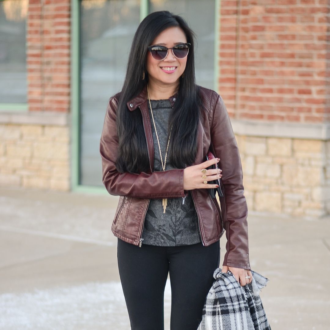 Express minus the leather moto jacket, Banana Republic floral top