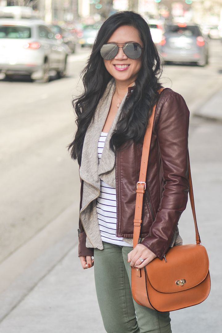 Express minus the leather jacket, Modcloth Airport Greeting Cardigan, Lo&Sons Claremont crossbody
