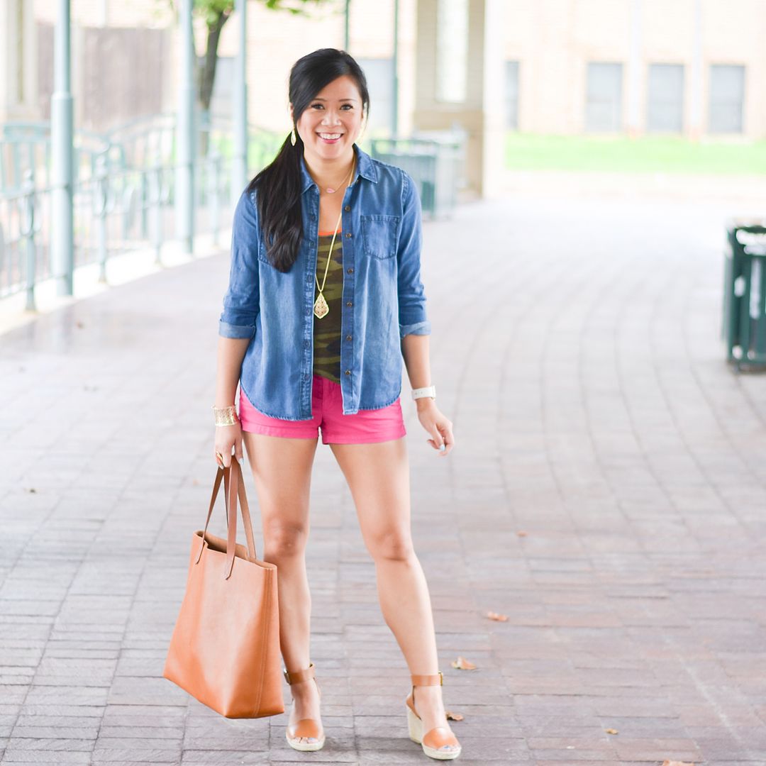 Chambray, camo, pink, and camel outfit