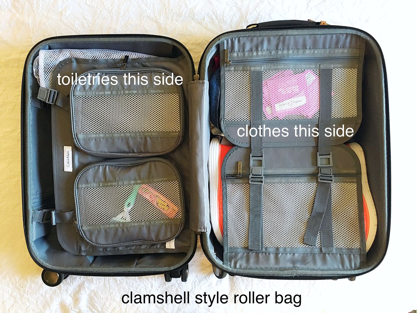 clamshell style roller bag, carry on