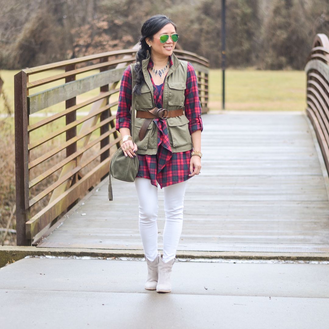 Grace and Lace Flannel Cascade, military vest, white skinnies, neutral booties