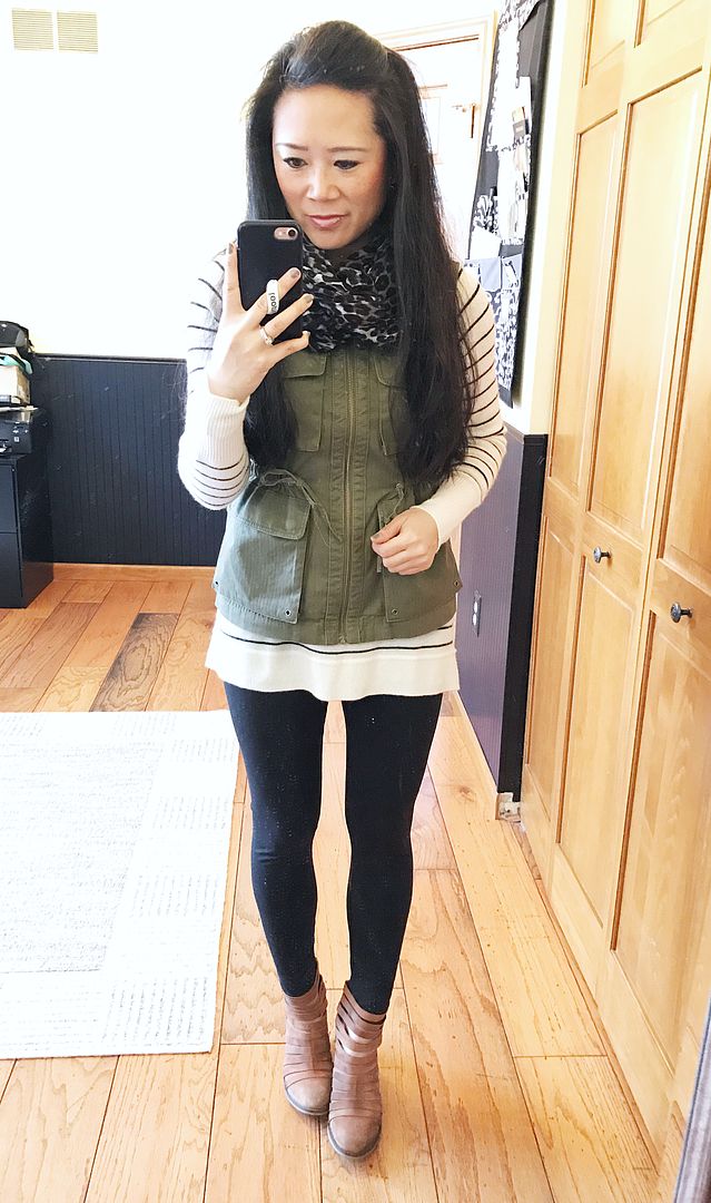 stripe sweater with olive vest and leopard scarf outfit