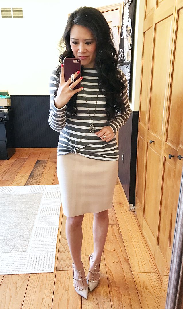 Blush and grey outfit, grey striped top and blush knit skirt