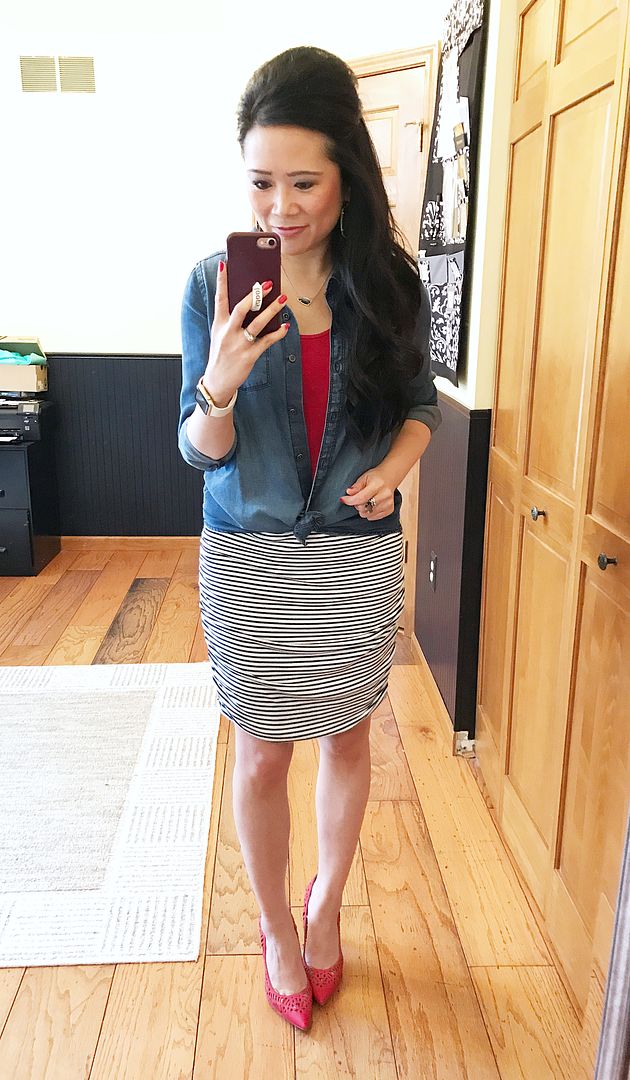 Chambray over red fitted tank tucked into Express ruched striped skirt