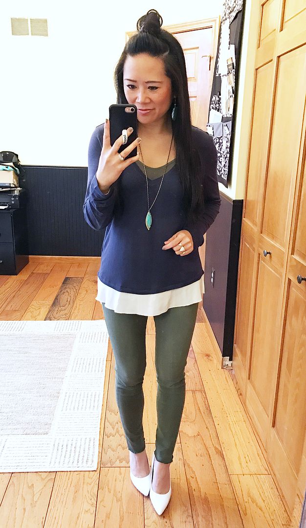 navy peplum and olive skinnies plus white pumps outfit