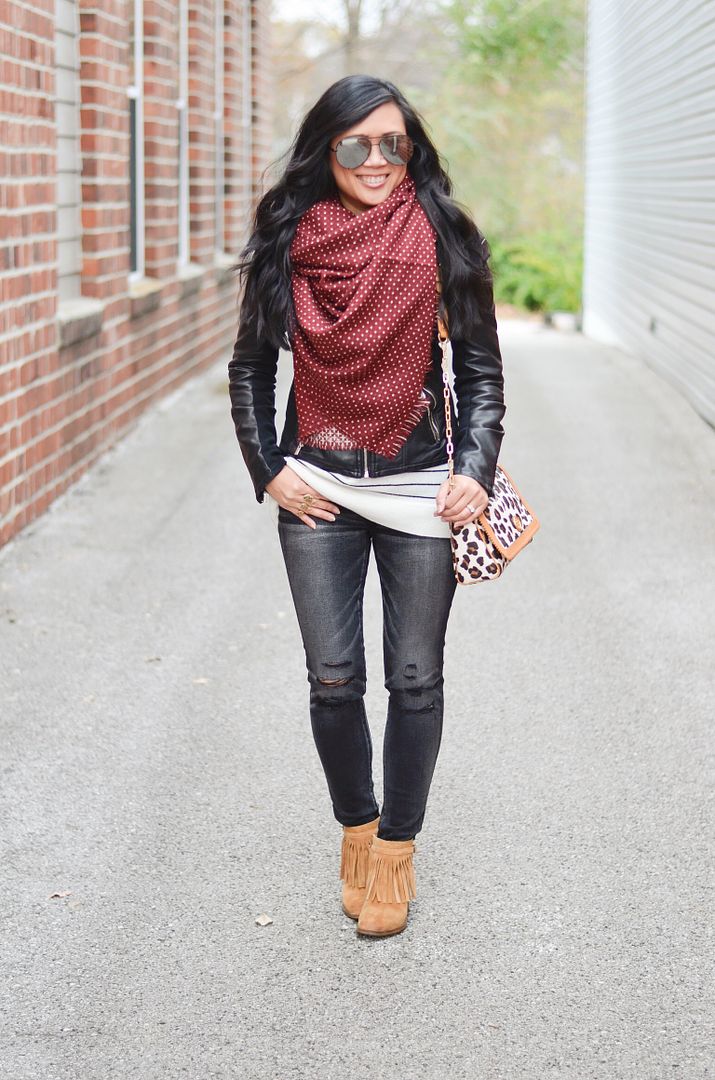 Express minus the leather moto jacket, papderdolls boutique dotted blanket scarf, American Eagle jeggings, Naturalizer Fortunate booties