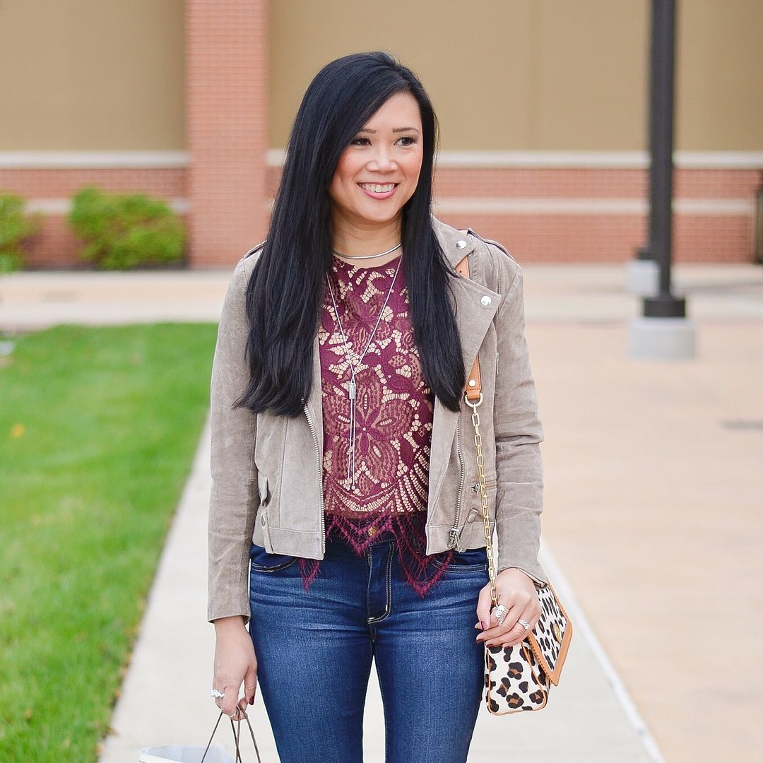 Suede moto jacket, lace tee