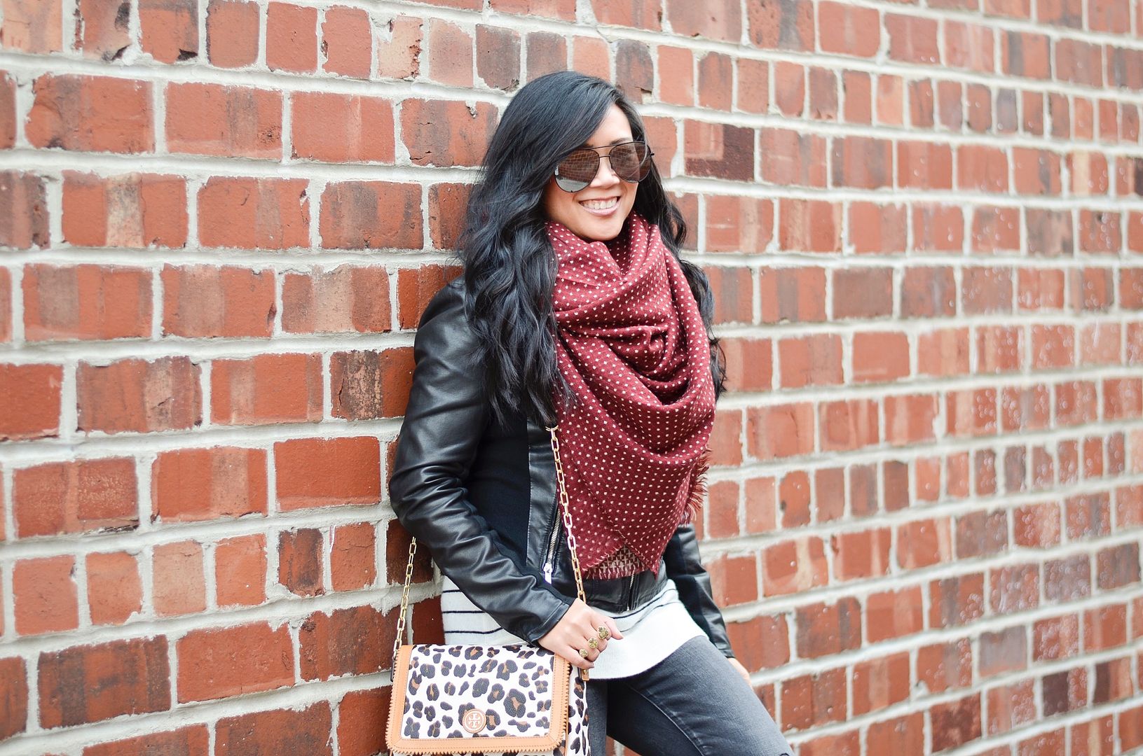 Express minus the leather moto jacket, papderdolls boutique dotted blanket scarf, Tory Burch ocelot bag