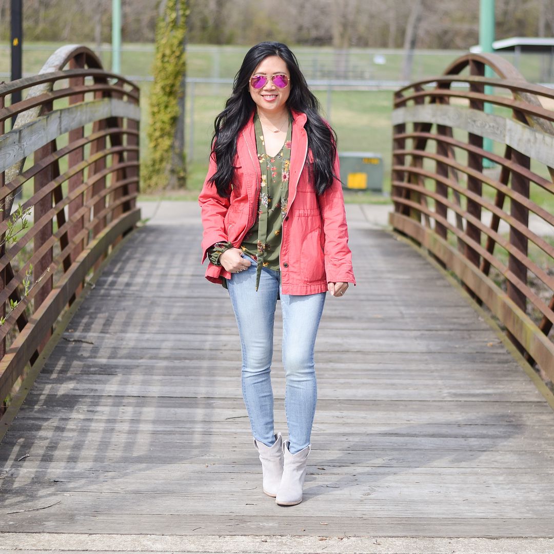 Coral and olive outfit, spring transitional outfit