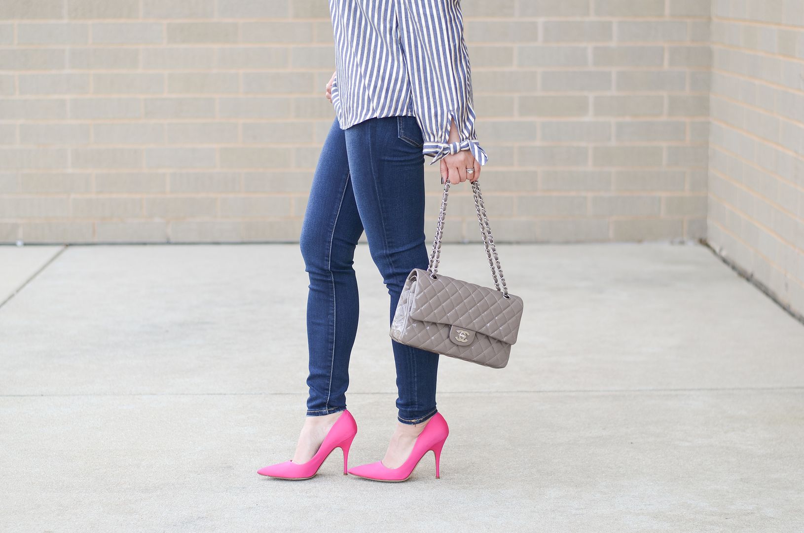 AEO jean leggings, Chanel classic flap, Kate Spade Licorice pumps