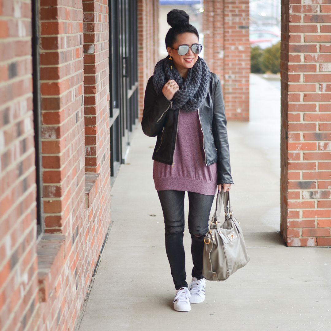Chunky knit scarf, Express minus the leather jacket, CS Gems plush tunic sweater, American Eagle jegging, Adidas superstar