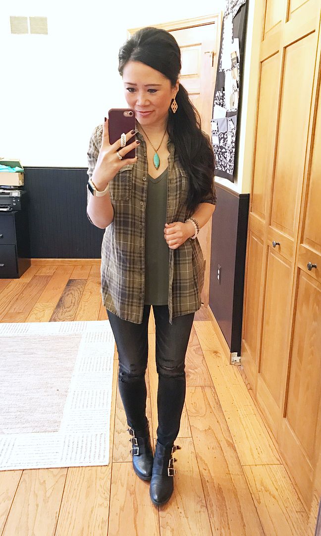 Green plaid top and destroyed charcoal skinnies