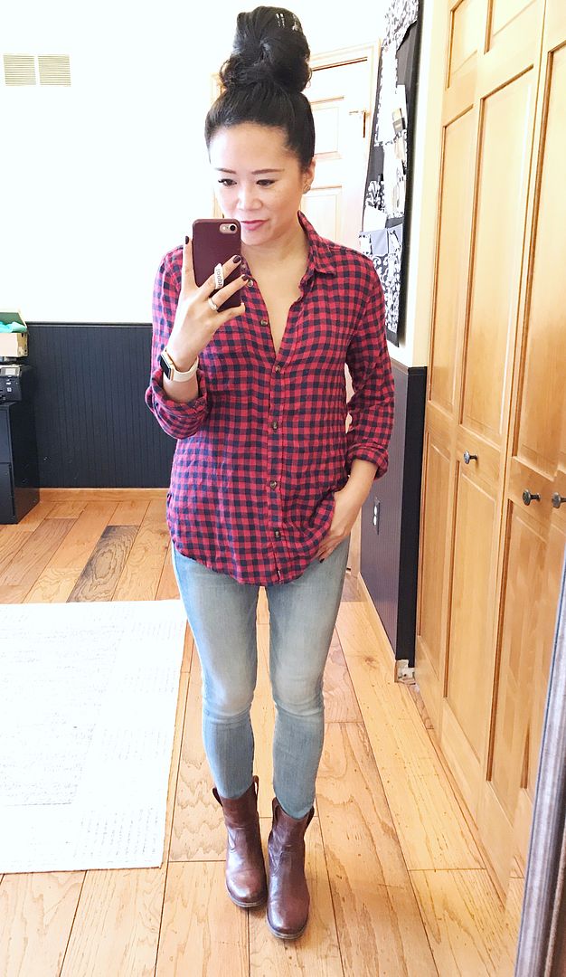 Red flannel and light washed jeans