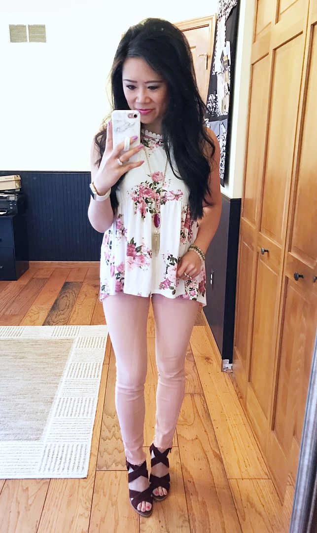 Floral tank and blush skinnies outfit