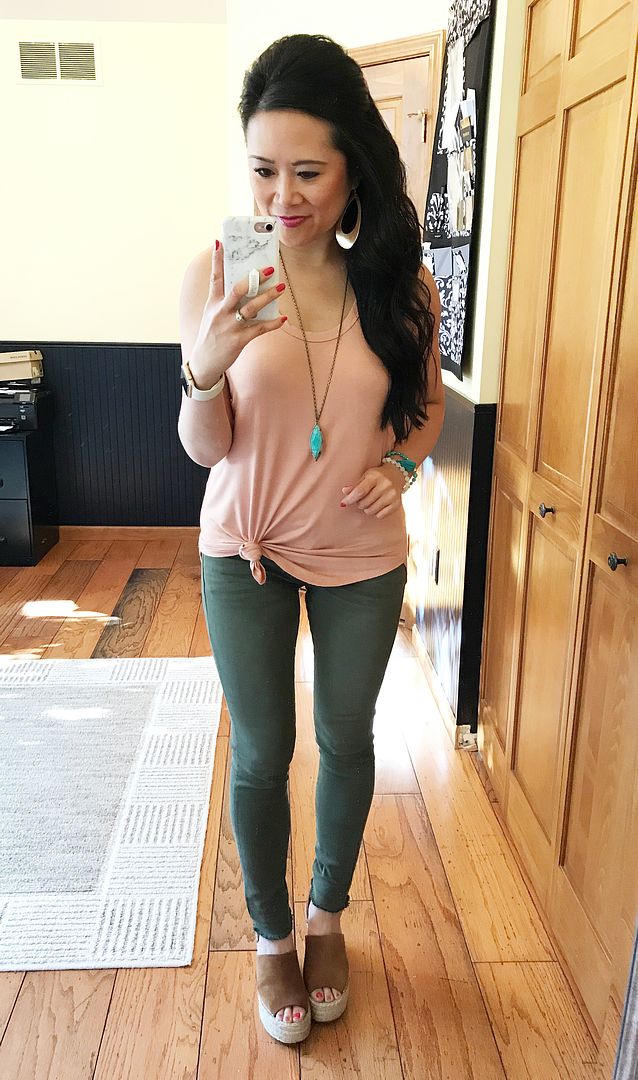 Blush tank and olive skinnies outfit, marc fisher adalyn outfit