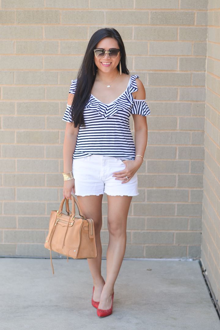 White shorts outfit with Rebecca Minkoff Regan satchel bag